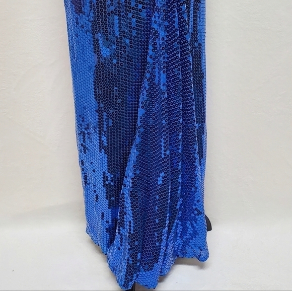 VINTAGE Alyce Designs Blue Silver Sequin Floral Bustier Side Slit Maxi Dress M - Picture 7 of 16